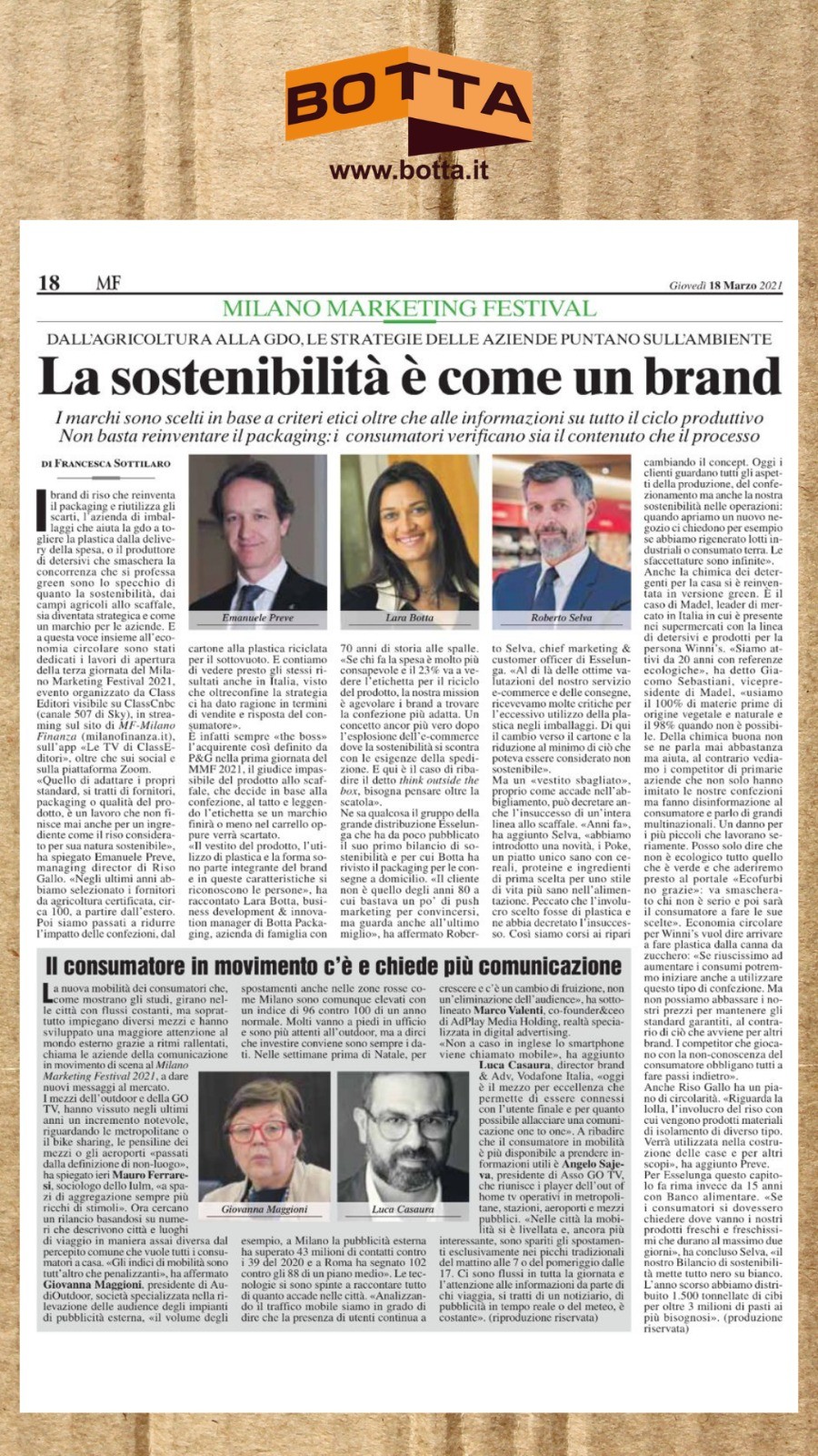 La Durabilité Est Comme Une Marque : BOTTA ECOPACKAGING sur MILANO FINANZA