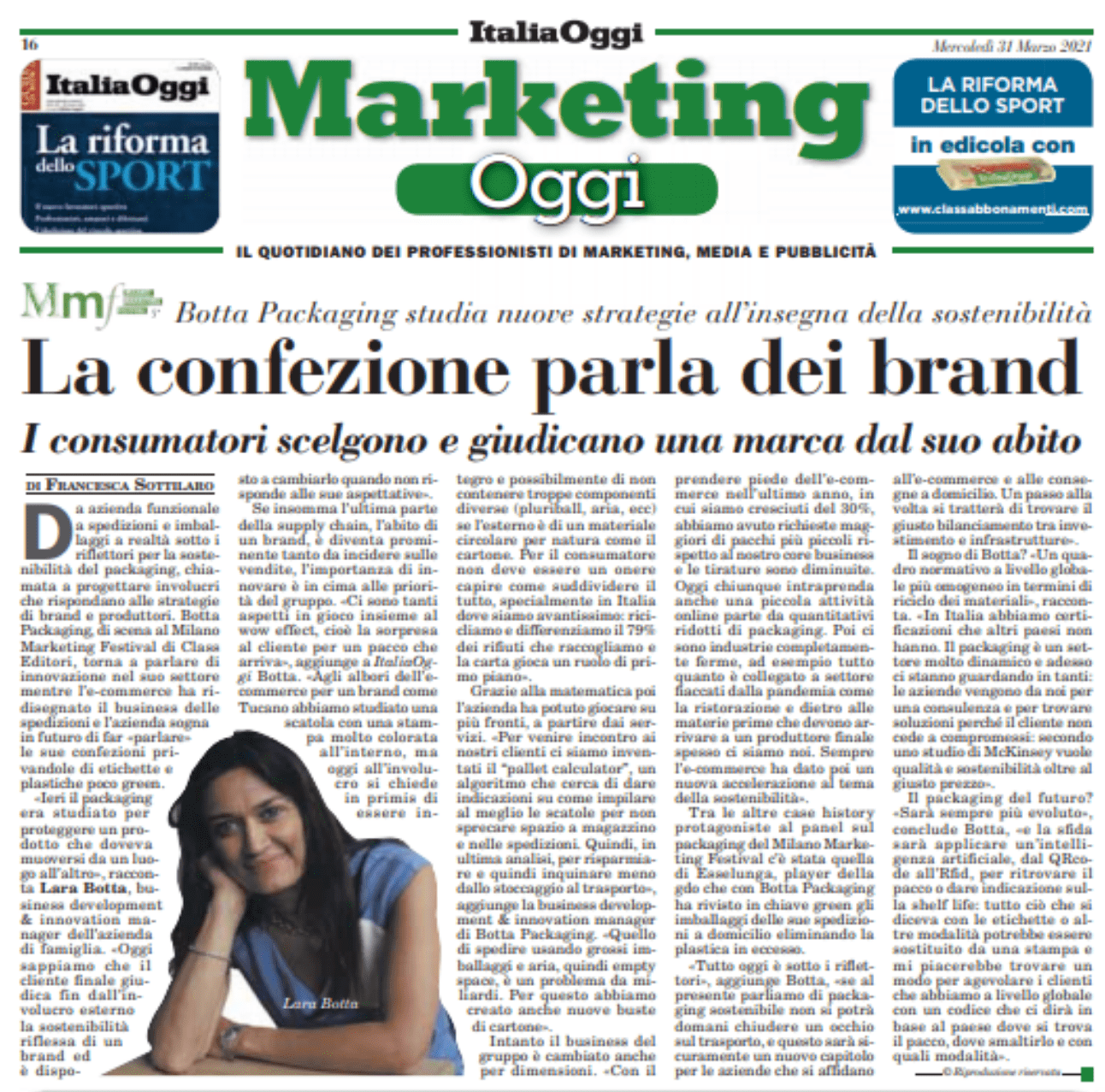 BOTTA ECOPACKAGING su ITALIA OGGI: Packaging & Brand