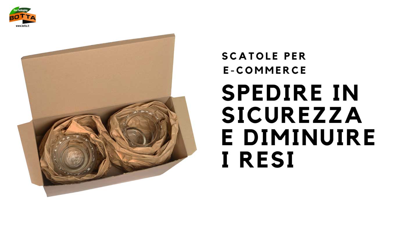 Immagine di una scatola per e-commerce confezionata in modo sicuro con un involucro sostenibile per evitare danni durante la spedizione