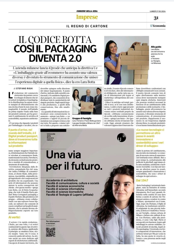 BOTTA EcoPackaging protagonista su Corriere della Sera per l’innovazione nel packaging sostenibile