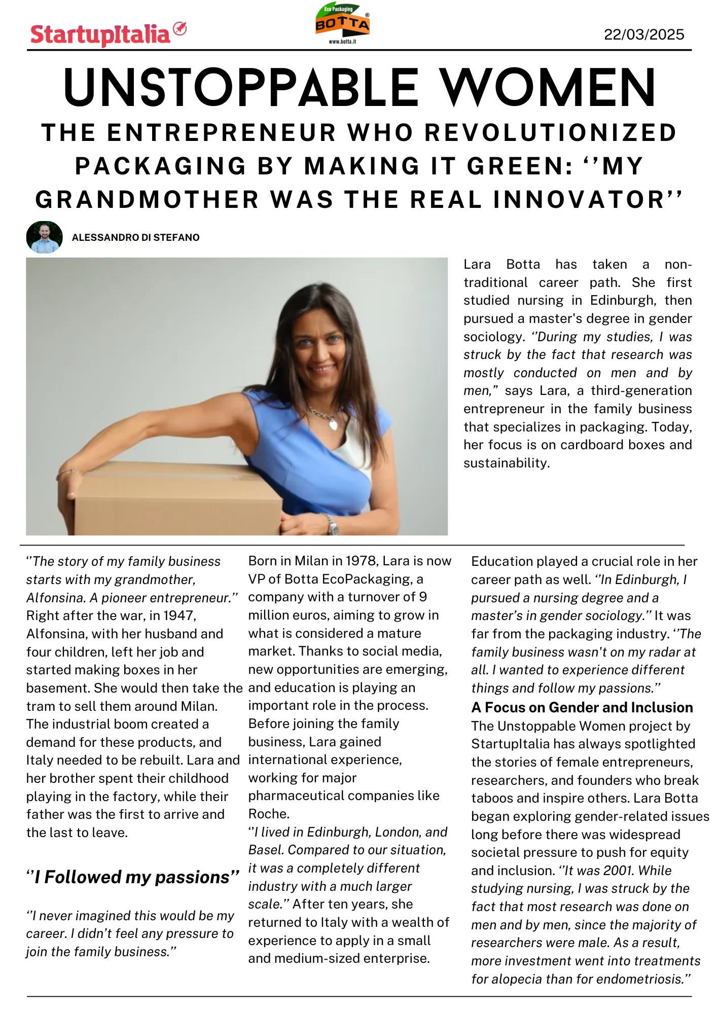LARA BOTTA FEATURED ON UNSTOPPABLE WOMEN, LEADING THE SUSTAINABLE PACKAGING INNOVATION
