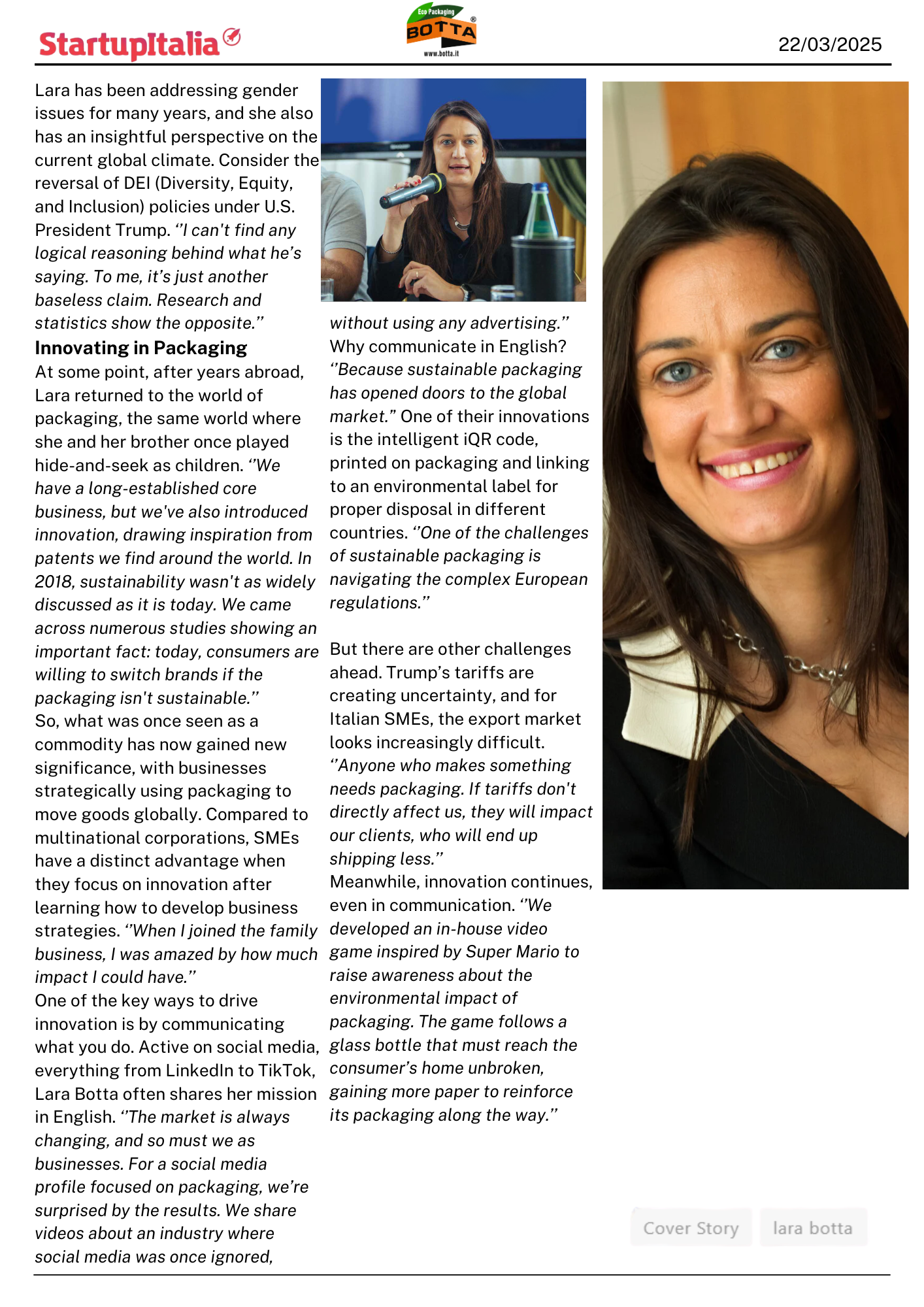 LARA BOTTA FEATURED ON UNSTOPPABLE WOMEN, LEADING THE SUSTAINABLE PACKAGING INNOVATION
