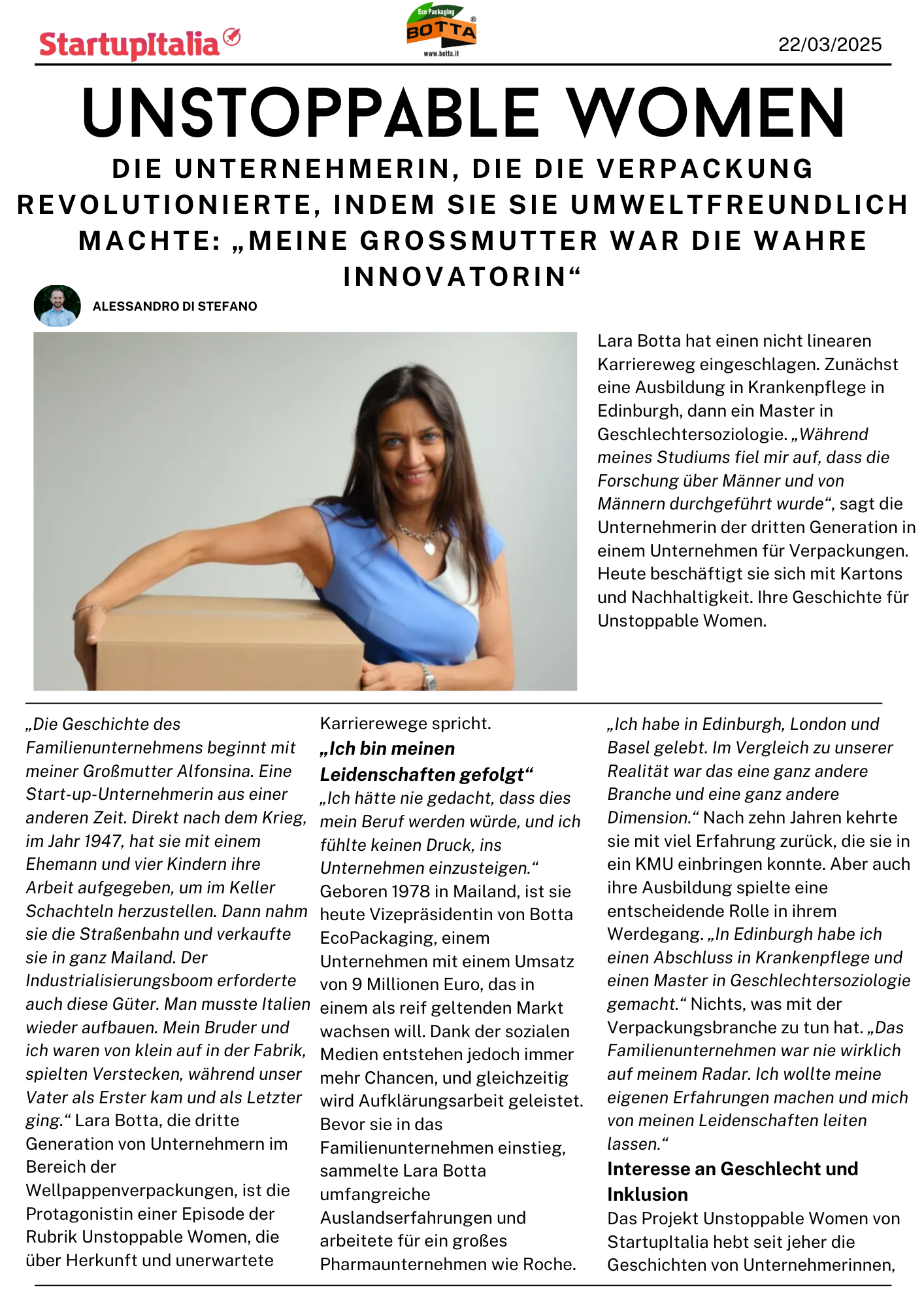 LARA BOTTA IN DER RUBRIK UNSTOPPABLE WOMEN, FÜHRERIN DER NACHHALTIGEN VERPACKUNGSINNOVATION
