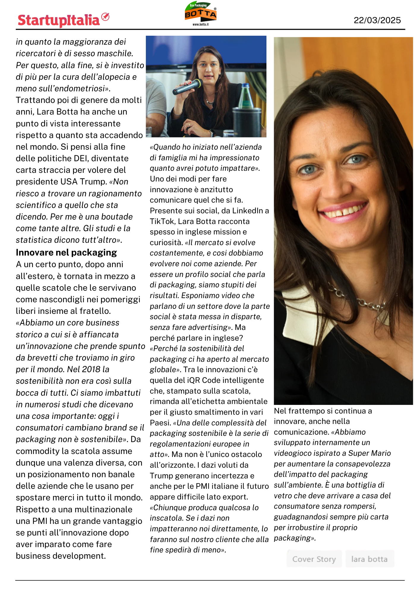 LARA BOTTA NELLA RUBRICA UNSTOPPABLE WOMEN, LEADER DELL'INNOVAZIONE NELLA SOSTENIBILITÀ DEGLI IMBALLAGGI