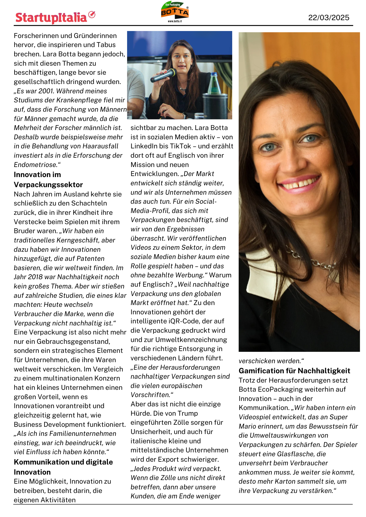 LARA BOTTA IN DER RUBRIK UNSTOPPABLE WOMEN, FÜHRERIN DER NACHHALTIGEN VERPACKUNGSINNOVATION
