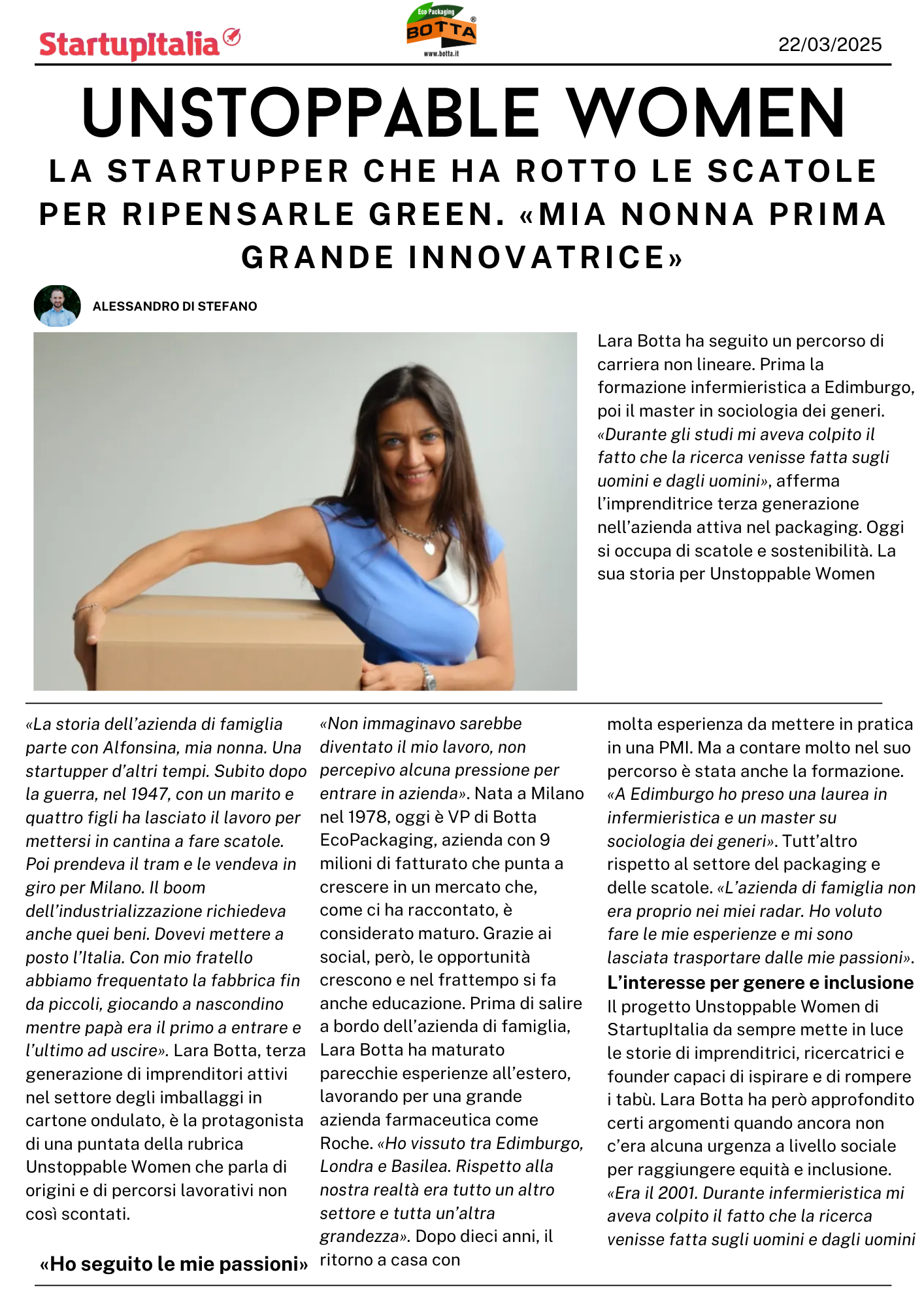 LARA BOTTA NELLA RUBRICA UNSTOPPABLE WOMEN, LEADER DELL'INNOVAZIONE NELLA SOSTENIBILITÀ DEGLI IMBALLAGGI