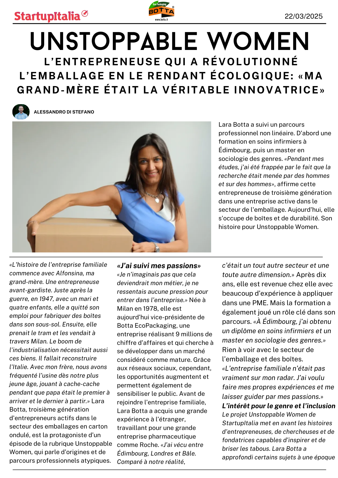 LARA BOTTA EN VEDETTE DANS UNSTOPPABLE WOMEN, DIRIGEANT L'INNOVATION DANS L'EMBALLAGE DURABLE
