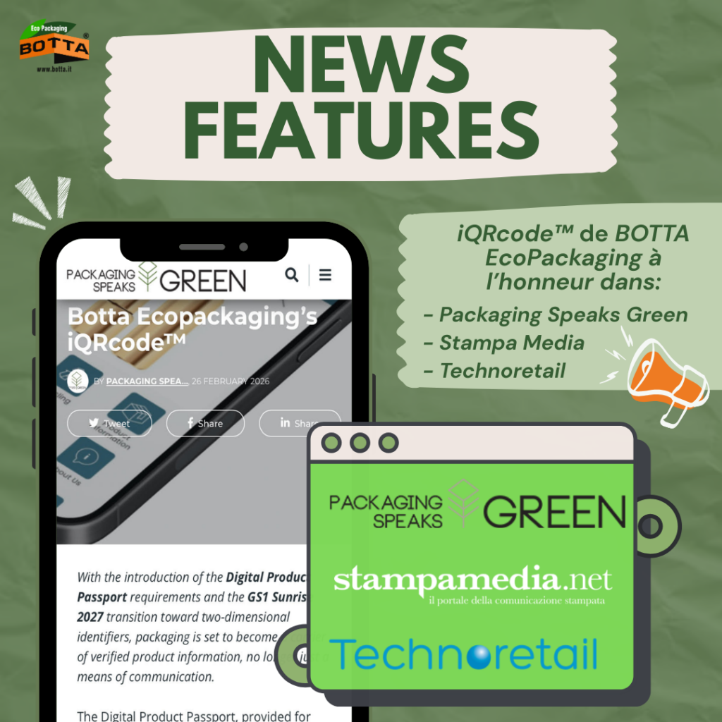 IQRCODE™ DE BOTTA ECOPACKAGING À L’HONNEUR DANS PACKAGING SPEAKS GREEN, STAMPA MEDIA ET TECHNORETAIL